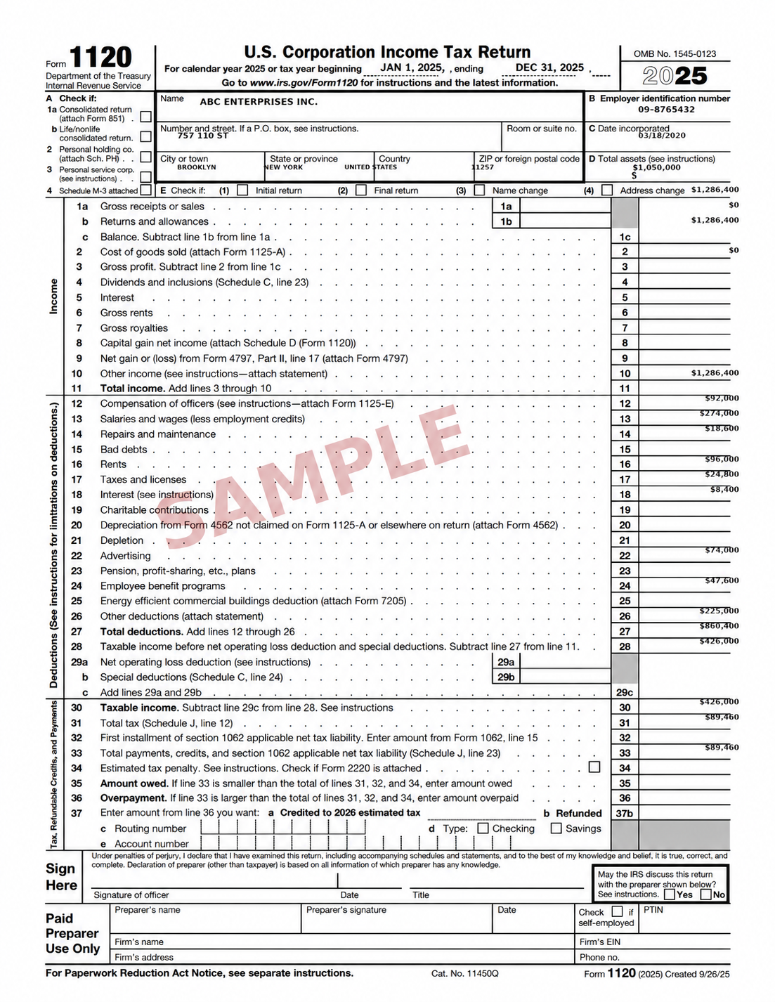 Sample Form 1120 for fictional ABC Enterprises Inc. for the tax year beginning January 1, 2025 and ending December 31, 2025